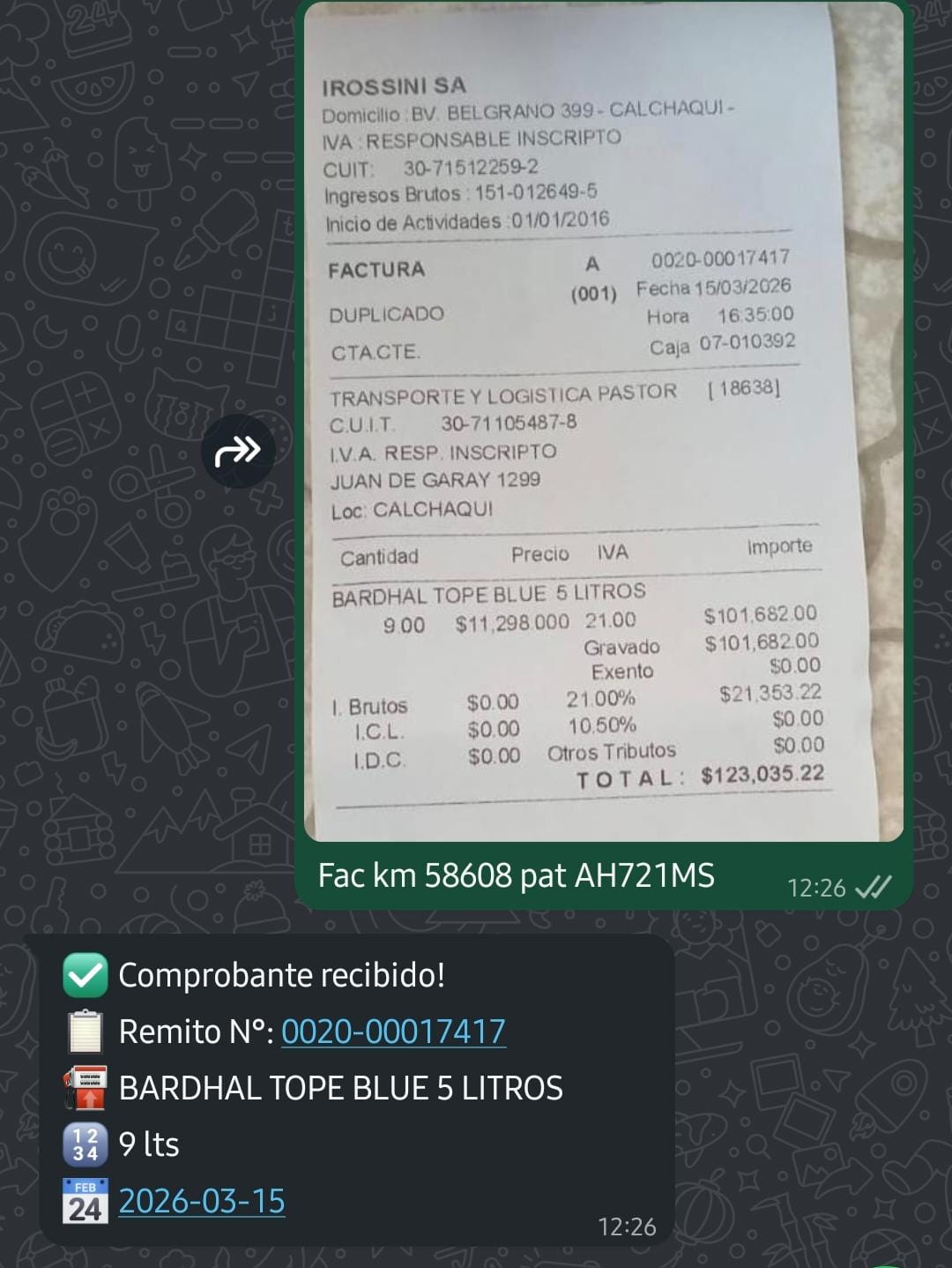 Captura WhatsApp procesando ticket de combustible